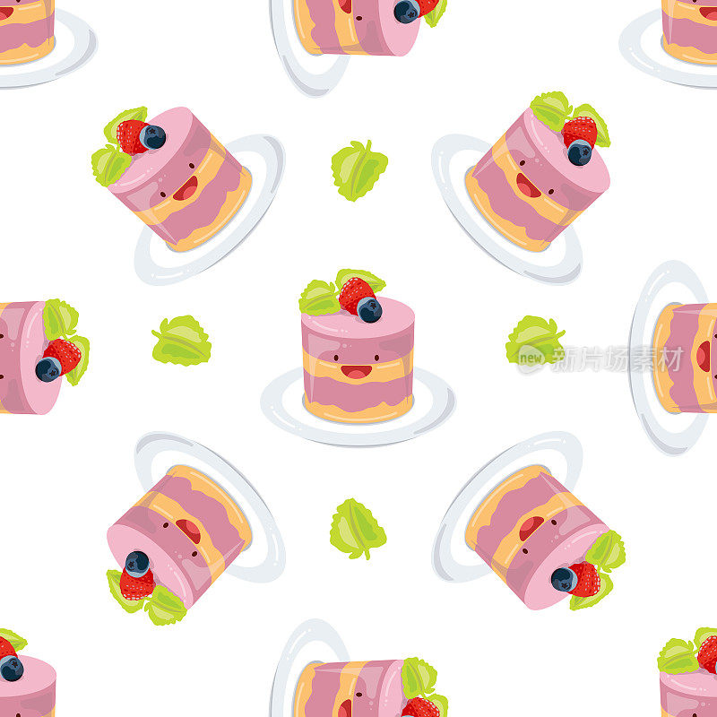 Cute cake, pastry, soufflé with berry top seamless pattern. Vector illustration. Food icon concept. Flat cartoon style.